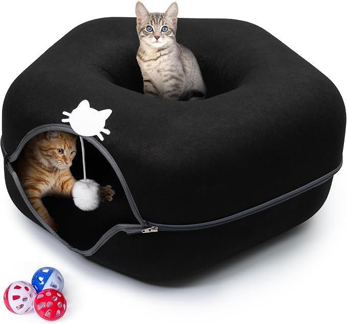 Large Cat Cave Bed for Indoor Cats, Cat Donut Tunnel Bed with Peekaboo Hideaway, Hanging Toy Ball & 3 Play Balls, Felt Cat Cave Bed for Multiple & Large Cats to 30lbs, Detachable Washable Meow Mansion