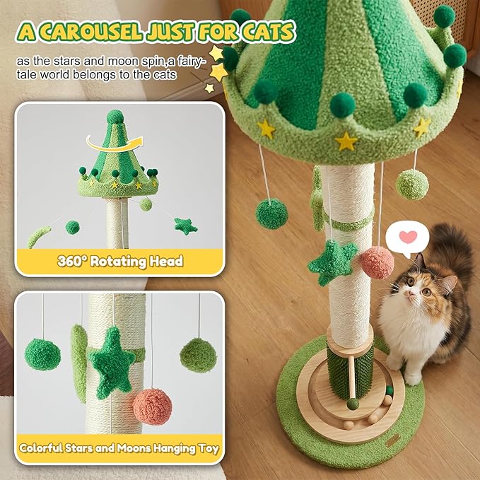 51'' Tall Cat Scratching Post,Luxury Carousel Shape Extra Thick Sisal Scratching Post for Indoor Cats Adults,Stable Stylish Cat Scratcher Tree with Interactive Wood Ball 2*Peppermint Toys for Large