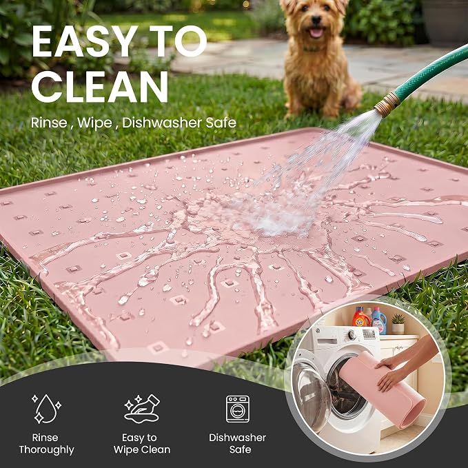 Silicone Pet Feeding Mat, 26x18 Inch Waterproof Dog Bowl Mat – Non-Slip, Machine Washable, Thin 0.28 Inch Edge for Messy Eaters, Protects Hardwood & Tile Floors, Pink