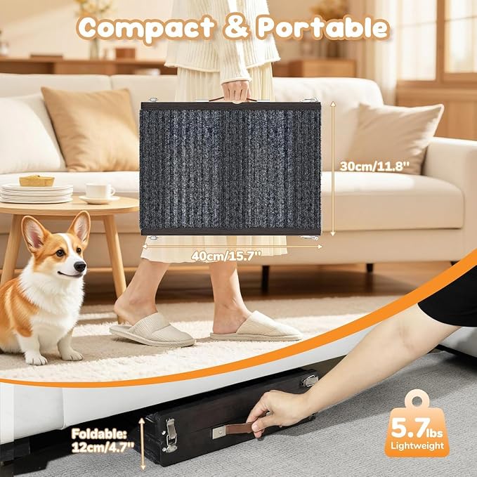 Pawaboo Foldable Dog Ramp, Small Dog Ramp for Couch, 4 Adjustable Height from 13'' to 21", Stable Pet Steps with Non-Slip Pad, Portable Pet Ramps Use for Couch Sofa Stairs, Black