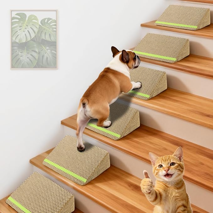 JoyBlooms Dog Ramp for Stairs for Small & Senior Dogs Cats, 40D Density Foam Gentle Slope Non-Slip Dog Stair Ramp with Glow Strip, Pet Ramp with Removable Washable Cover Brown-6pcs