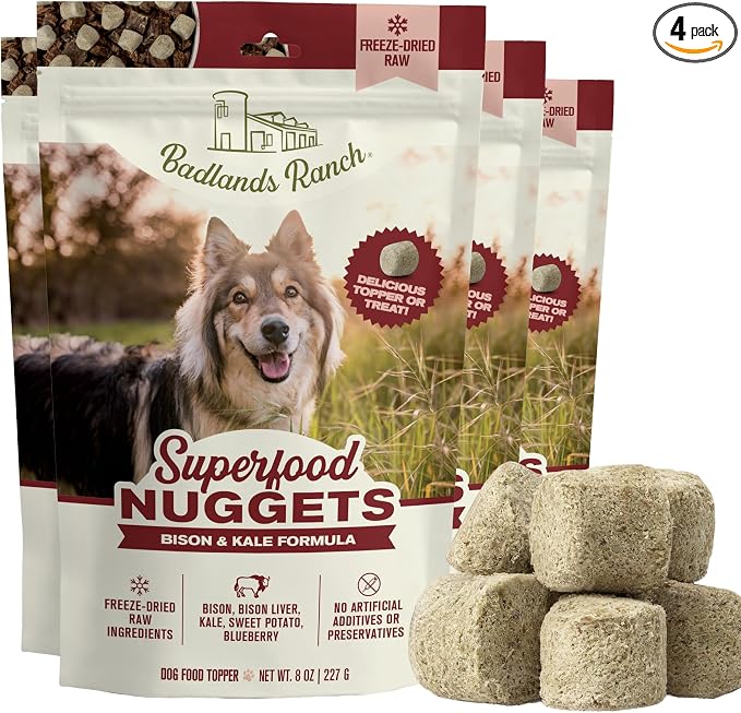 BADLANDS RANCH Superfood Nuggets – Freeze-Dried Raw Dog Treat & Food Topper, Nutrient-Dense Bison & Kale Formula, No Artificial Additives, 8oz Bags (4-Pack Bundle)