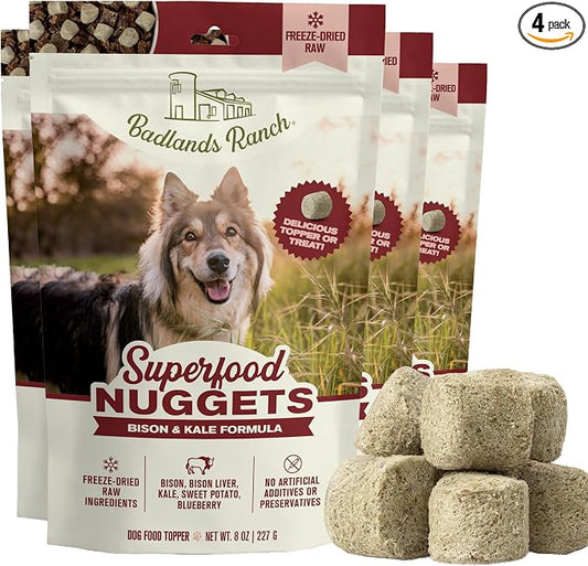 BADLANDS RANCH Superfood Nuggets – Freeze-Dried Raw Dog Treat & Food Topper, Nutrient-Dense Bison & Kale Formula, No Artificial Additives, 8oz Bags (4-Pack Bundle)