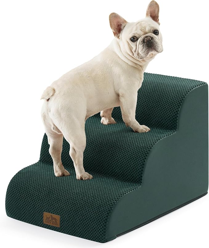 COZY KISS Wide Dog Stairs for Small Dog 15.7" H, Pet Step for Puppy, Older Cat, Curved Ramp for Couch, Durable Anti-Slip Ladder with High Density Foam, 3 Step, 17.7x22.4x15.7 inch, Dark Green
