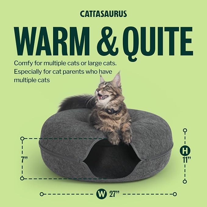 Cattasaurus Peekaboo Cat Cave Donut for Multiple & Large Cats up to 30-45 lbs, 3-in-1 Self Warming Cat Bed, Tunnel & Scratcher for Indoor Cats, Washable & Detachable Small Dog Bed (Dark Gray, Jumbo)