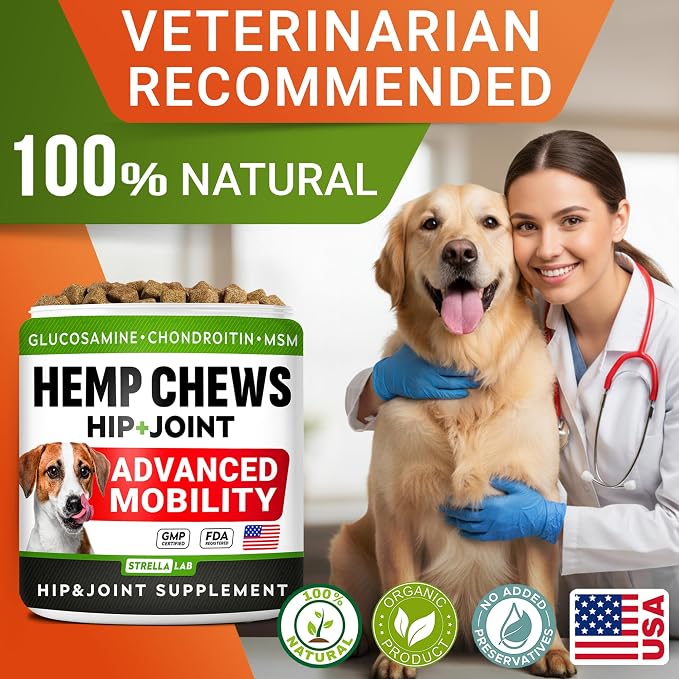 Hemp Chews for Dogs - Hip & Joint Supplement with Glucosamine - Joint Pain Relief Treats - Omega 3, Chondroitin, MSM - Advanced Mobility Support - Chicken Flavor - 120 Ct - Made in USA