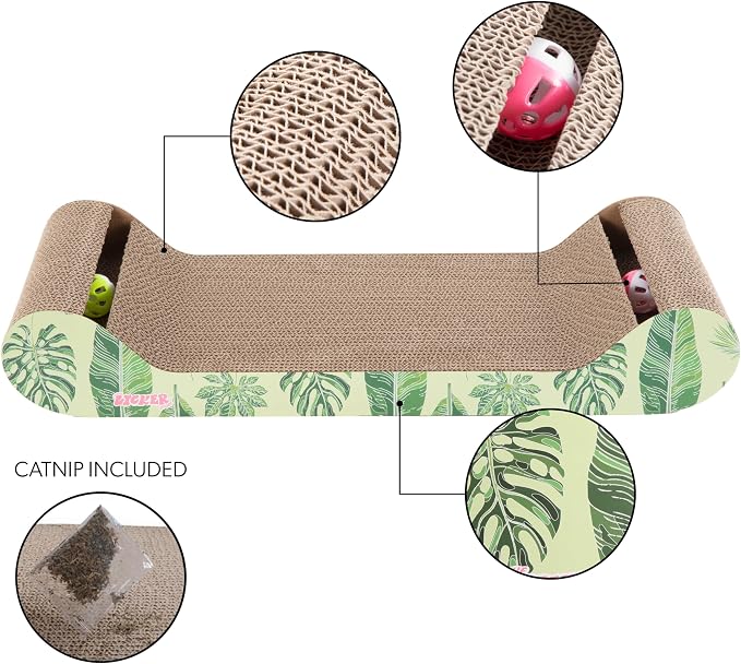 Rini 23.75" Modern Cardboard Cat Scratcher Lounge Bed with Built-in Bell Toys and Catnip, Ergonomic Curved Sofa Design, Mint/Green CSR1003E