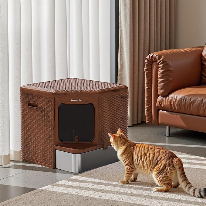 Gradner Pet Cat Litter Tray, Odour-Resistant Enclosed Cat Litter Box (Stainless Steel Little Box)