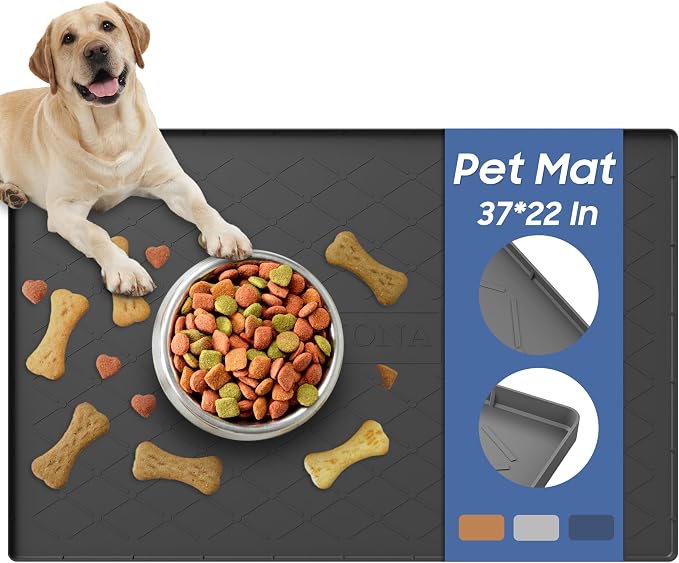 URMONA Large Dog Food Mat, 37" x 22" Pet Food Mat, Waterproof Dog Cat Food Mat with Raised Edges, Silicone Pet Food Mat, Dog Accessories, Prevents Food Spills, Protects Floors (Black)