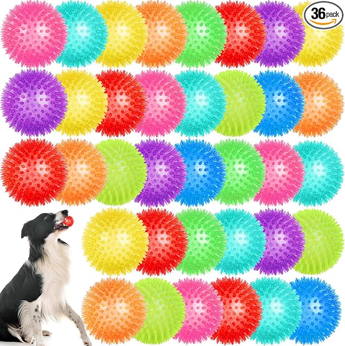 36 Pcs 2.5 in Squeaky Dog Toy Balls Spiky Dog Balls Chew Toy for Teething Durable High Bounce TPR Fetch Toy 9 Colors Water Toys for Small Medium Dogs Aggressive Chewers Clean Teeth and Training