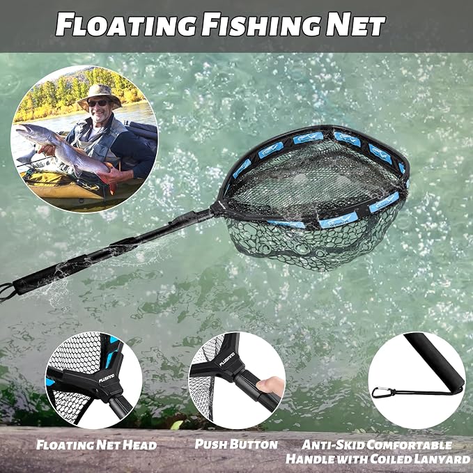 PLUSINNO Fishing Net Fish Floating Landing Net, Kayak Nets with Fixed Foldable Telescopic Pole Handle, Bass Trout Fishing Nets with Nylon Mesh for Pond Lake River, Fishing Gear Gifts for Men Anglers