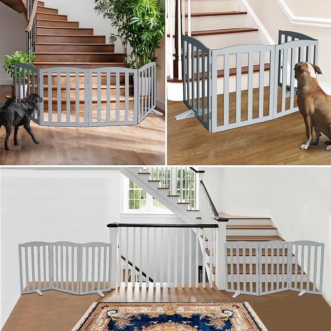 ZJSF Foldable Freestanding Indoor Dog Gate for House Wood Long Pet Gates Dog Fence for Stairs Puppy Gates for Hallways, Puppy Gate,Support Feet Included, Grey, 32 "Height-2 Panels