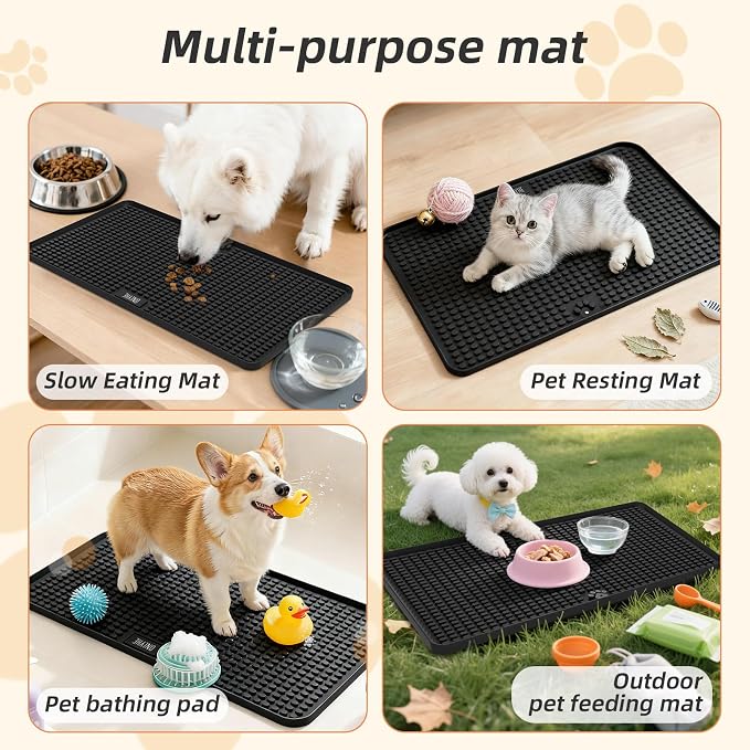 Dog Food Mat, 26"x13" Silicone Dog Feeding Mat Waterproof Pet Feeding Mat with High Lips & Raised Texture Keeps Paws Dry, Non-Slip Easy to Clean, Prevent Spill Protect Floors, Black