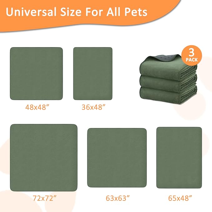 Bunlitent Washable Puppy Pads Extra Large 72'' x 72'', 3 Packs, Non-Slip Waterproof Reusable Pee Pads for Puppy Senior Dog , Incontinence Whelping for Dog Playpen, Quick Dry, Green