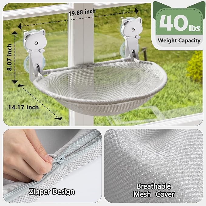 JUNSPOW Cat Window Perch Cordless, Foldable & Stable Cat Beds- Breathable Cat Window Hammock for Overlooking, Sunbathing and Climbing - Maximum Hold Up to 40lb