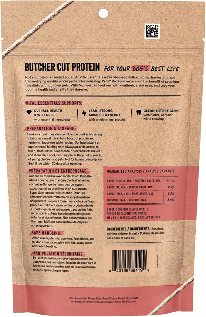 Vital Essentials Freeze Dried Dog Treats | Chicken Breast, Single Ingredient | Premium Quality | Grain Free Training Treats for Dogs, 3.75 oz Bag