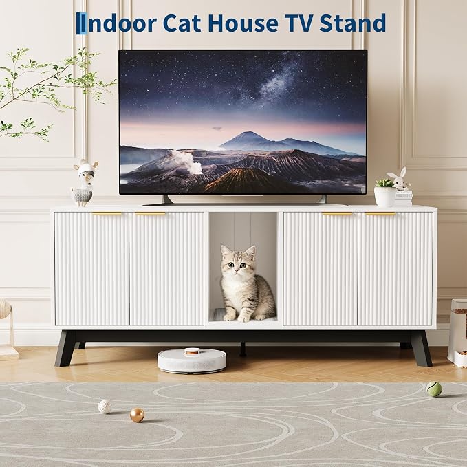Garvee Cat Litter Box Enclosure for 2 Cats, 59" Hidden Litter Boxes Furniture with Cat Litter Mat, Large Indoor Pet House with Double Room, Wooden TV Stand Side Table, White