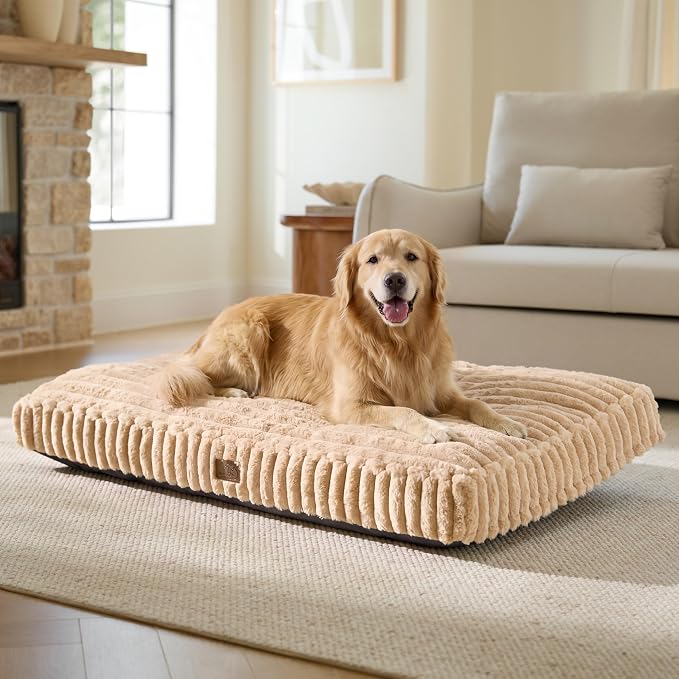 Bedsure ComfyFleece™ Plush XXL Dog Bed for X-Large Dog, Crate Bed for Balanced Support, Cute Chopped Foam Pillow Pad with Removable Washable Cover, Non-Slip Waterproof Cozy Pet Mat 47"x29" Sandy Beige