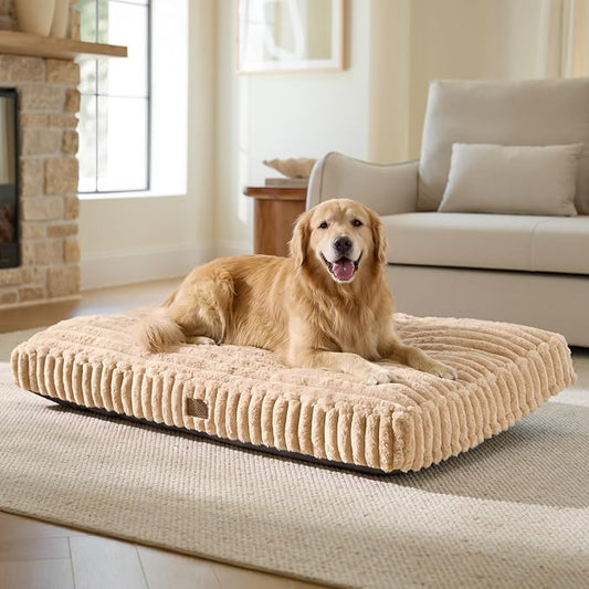 Bedsure ComfyFleece™ Plush XXL Dog Bed for X-Large Dog, Crate Bed for Balanced Support, Cute Chopped Foam Pillow Pad with Removable Washable Cover, Non-Slip Waterproof Cozy Pet Mat 47"x29" Sandy Beige