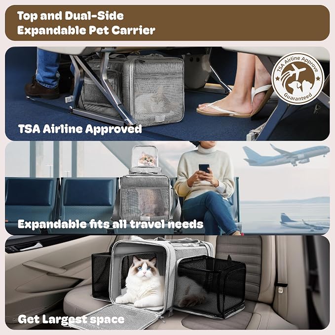 Top and 2 Sides Expandable Cat Carrier 17x11x11, TSA Airline Approved Dog Carriers for Medium Dogs, Soft-Sided Pet Carrier with Self-Locking Zippers for Kitten,Rabbit, Puppy, Guinea Pig Grey