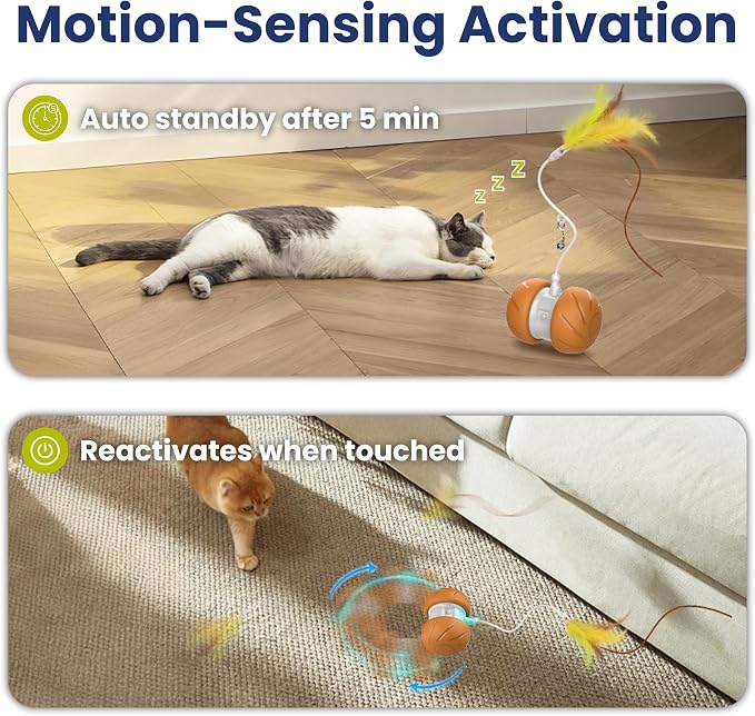 PAWSPIK Feather Tail Rechargeable Spinner Chasers Cat Toy, Orange (Interactive Self-Rolling Moving Cat Toy with 3 Speed Modes, Feather & Bell Attachments)