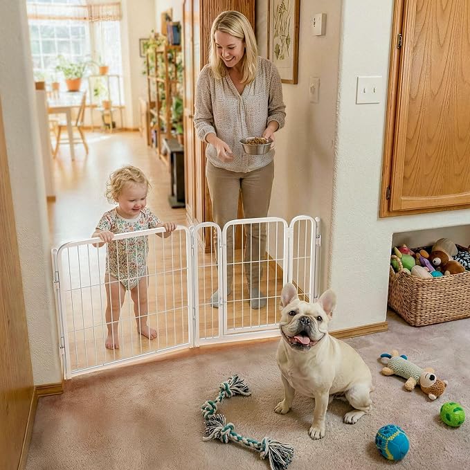 FXW Dog Gate Extra Wide Designed for Indoor Use, Adjustable Width Up to 46-inch Wide (24" H 2 Wire Panels for Puppies and Small Dogs), White