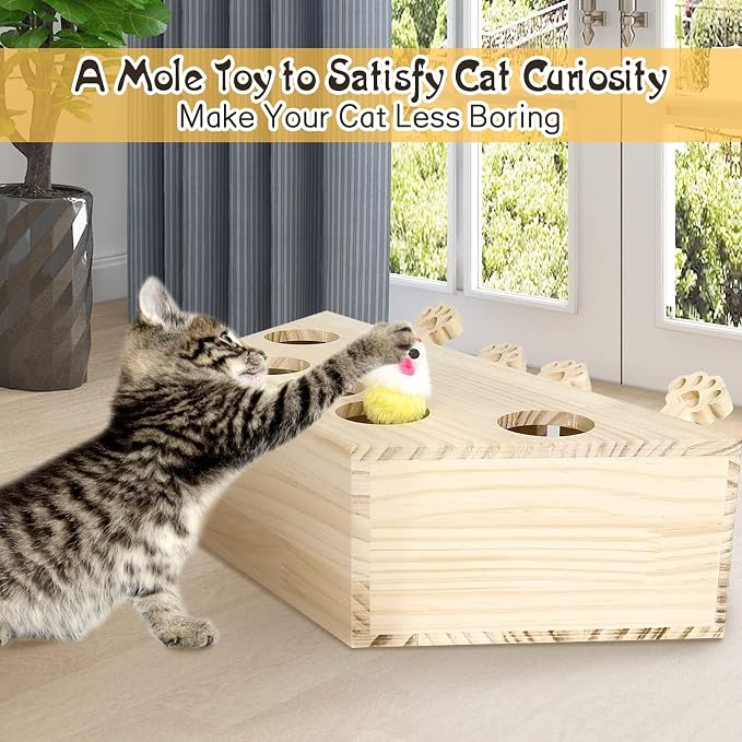 kathson Whack A Mole Cat Toy, Interactive Cat Toy Wood Kitten Puzzle Enrichment Box Catch Mice Game for Indoor Cat Exercise Relieve Boredom