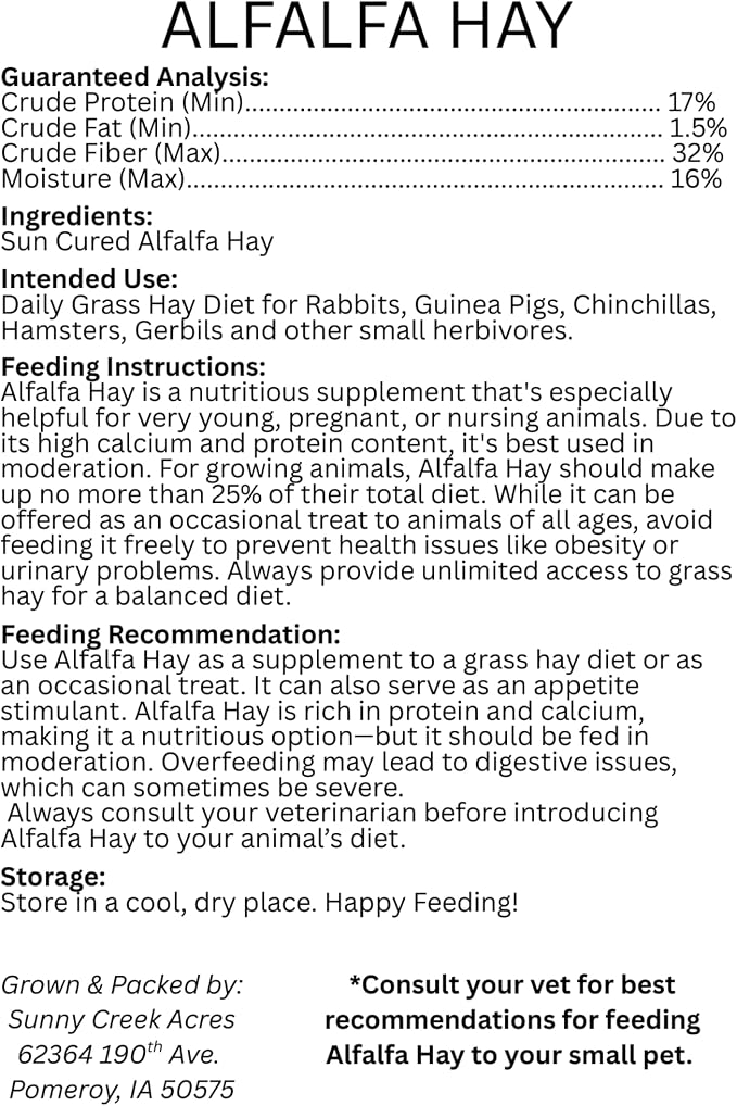 Alfalfa Hay for Rabbits, Guinea Pigs, Chinchillas, Hamsters, Gerbils, and Other Small Herbivores. 12lb