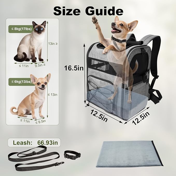 Dog Carrier Backpack for Small Dogs - Breathable Mesh Hiking Bag with Safety Buckle, Adjustable Straps and Elevated Pad - Durable for Hiking (Fits Small Cats Too, Up to 17lbs, Gray)