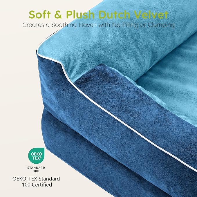 CWAWZ Dog Beds for Large Dogs, Orthopedic Dog Bed with Cooling Gel Memory Foam, Waterproof Large Pet Bed with Removable Washable Cover, 36" Pet Sofa Couch Dutch Velvet with Bone Toy, Navy Blue