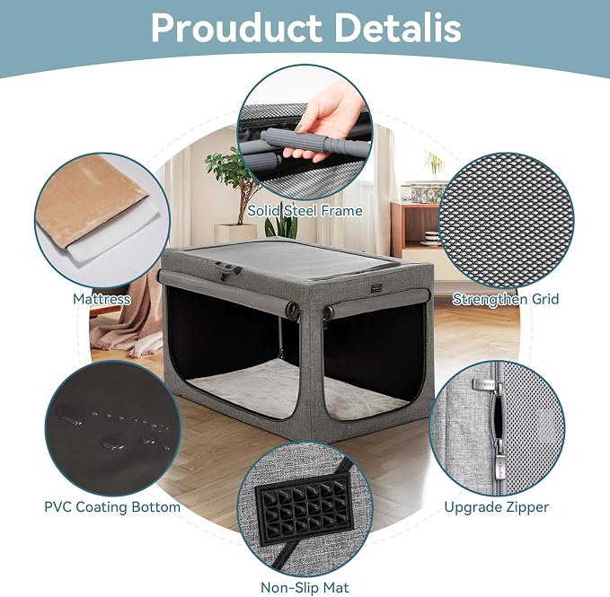 PETSFIT Portable Dog Crate for Large Dogs, – 40" Soft Dog Travel Crates with Lockable Zippers & Thicken Mat, Adjustable Patented Spiral Steel Frame, Collapsible Kennel for Indoor & Outdoor