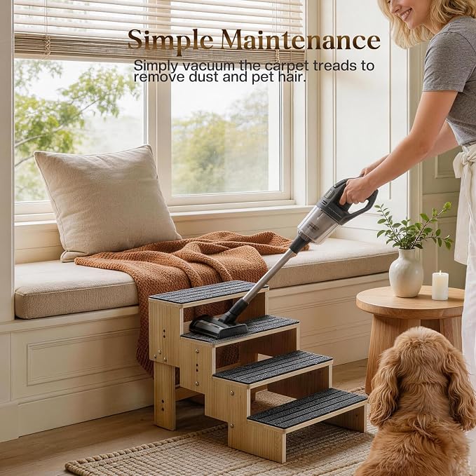 4-Step Wooden Dog Steps for Bed, Anti-Slip Dog Stairs with Carpet Pads, 23.6 Inches Pet Ramp for Dogs to Get on Bed, Pet Stairs for Old & Senior Dogs/Cats, Pet Steps Ladder for High Beds/Couch Sofa