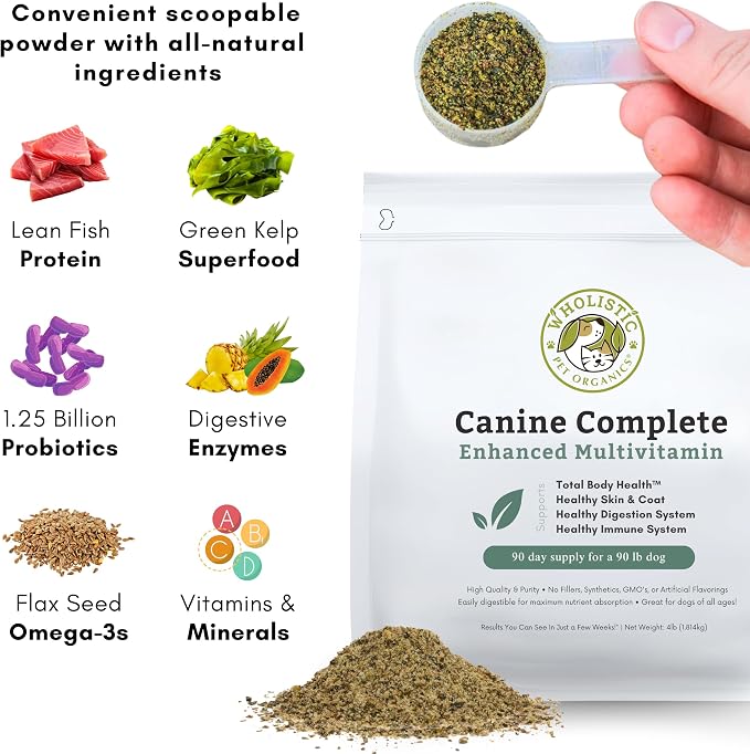 Wholistic Pet Organics Canine Complete - Dog Multivitamin Powder - 4 Lb - Daily Dog Vitamins and Supplements for Homemade Food - Immune System, Skin, Coat & Overall Health - All Breeds - 180 Scoops