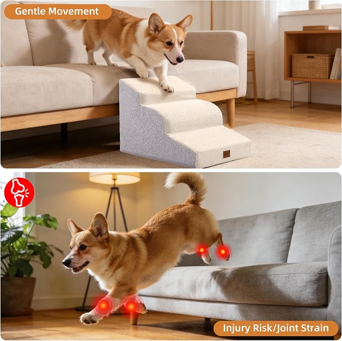Dog Stairs for Small Dogs,15.7" H,3-Step Curved Pet Ramp for Bed Couch Sofa and Chair,Non-Slip Pet Steps for Injured & Senior Pets with Washable Cover and Durable High Density Foam,Beige
