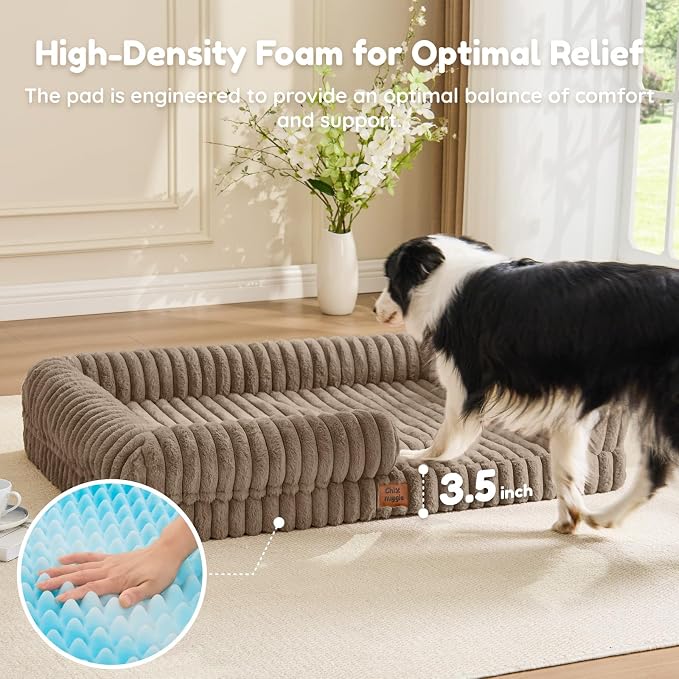 Orthopedic Dog Bed for XL Dogs, Washable Dog Bed with Faux Rabbit Fur Waterproof Cover, High Density Egg Crate Foam Support with 3-Sided Bolsters for Senior Dogs, Non-Skid Bottom, 41x30x7, Taupe