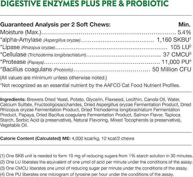 NaturVet – Digestive Enzymes for Cats Plus Probiotics – 60 Soft Chews – Helps Support Diet Change & A Healthy Digestive Tract – Aids in the Absorption of Vitamins & Minerals – 30 Day Supply