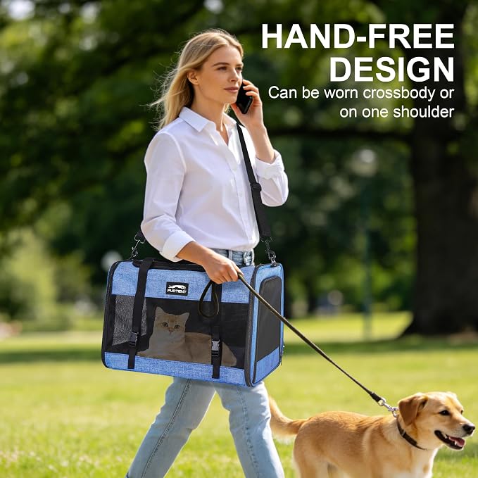 Soft Sided Cat Carrier for Large Cats, Pet Carrier for 2 Cats or Small Dogs Up to 25Lbs, Large Cat Carrier with Shoulder Strap, Cat Car Carrier with Safety Rope, Cat Carriers 20x13x13 inches, Blue