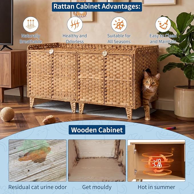Garvee Handwoven Rattan Cat Litter Box Enclosure Furniture, Hidden Cat Washroom Cabinet with Door and Mat, Spacious Pet House with s-Hooks, for Living Room and Bedroom
