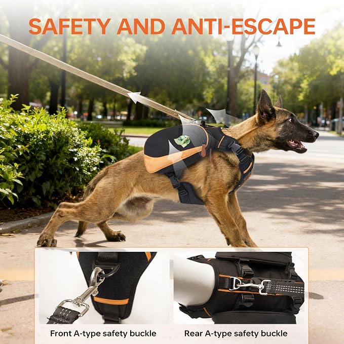 Dog Backpack for Medium & Large Dogs, Detachable Side Bags, Quick-Poop Bag Dispenser | No-Pull Adjustable Harness for Large-Chested Breeds | Non-Slip Handle for Hiking, Walking, Outdoor Adventures（S）