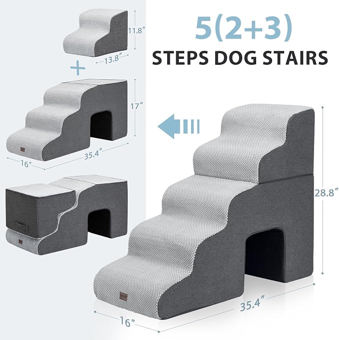 Garnpet Dog Stairs for High Beds with Tunnel, 5-Step Dog Steps for Small Dogs and Cats, Foldable Pet Stairs for High Bed Climbing, Non-Slip Balanced Pet Step Indoor, Dark Grey