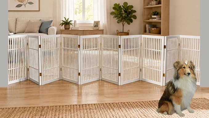 Urnporium Pet Dog Gate Freestanding, Strong Durable Folding Wooden Fence, Portable Acacia Hardwood Safety Barrier for Indoor & Outdoor Use (White Pet Gate, 10 Panel 30" Tall)