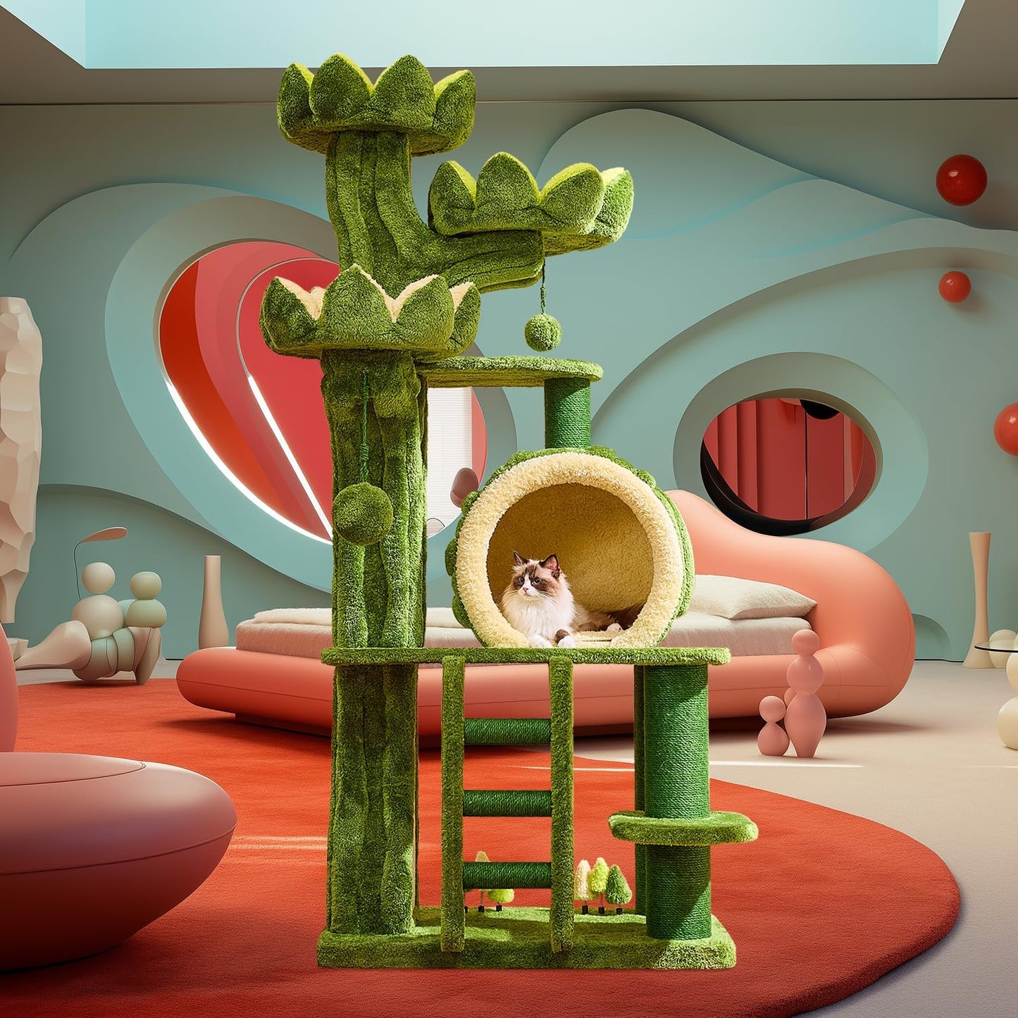 80.3'' Modern Cat Tree, Tall Cat Tower for Indoor Cats Adults, Luxury Climb Tower with Scratching Post, Heavy Duty Cat Condo with Ladder, Toys, Double Sided Mat, Lotus Perch for Multi-Cat Families