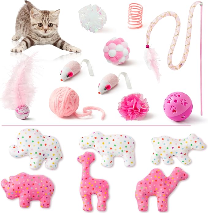 MALLMALL6 10Pcs Pink Cat Toys & 6Pcs Frosted Animal Cookie Catnip Crinkle Paper Sound Toys, Interactive Toys for Cat