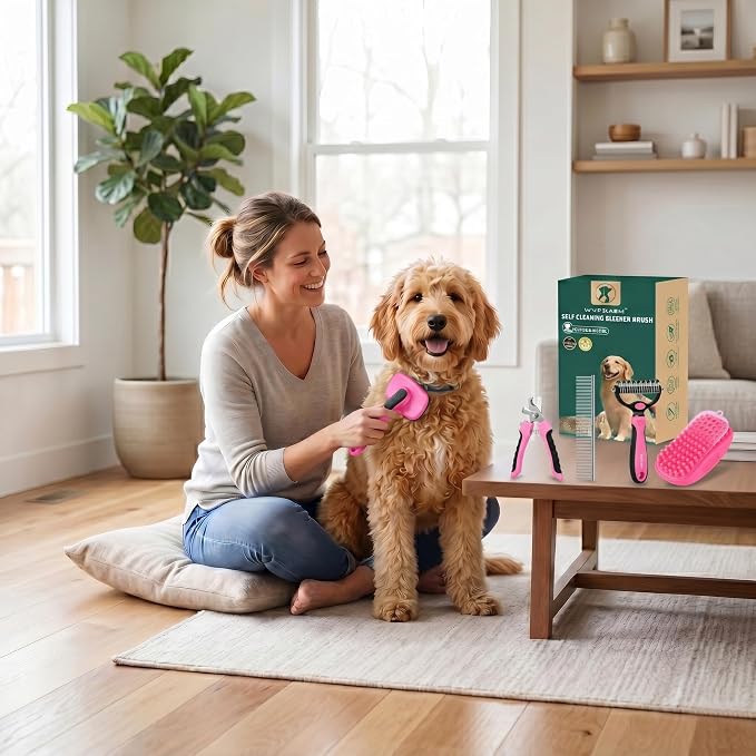 Self Cleaning Slicker Brush for Dog - 5 PCS Dog Brush Grooming Kit,Undercoat Rake Brush Comb for Small Large Dogs Cats, Dog Hair Brush Set, Grooming Deshedding at Home or Travel, Pink