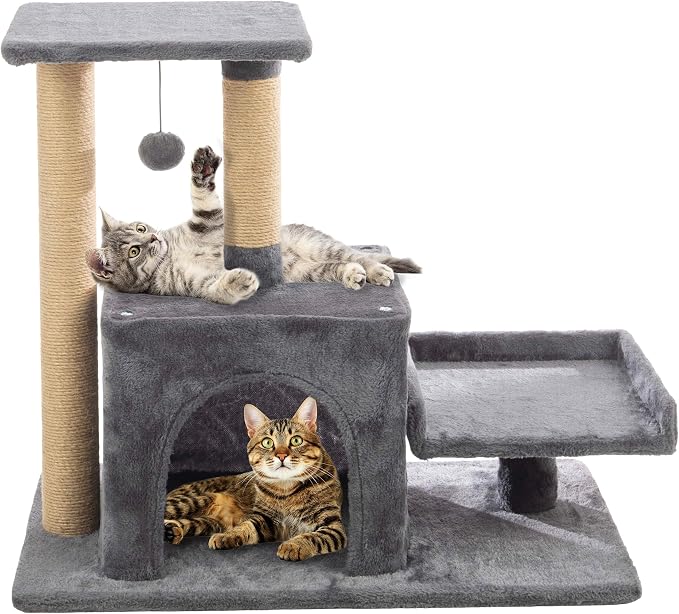 24.5in Small Cat Tree Tower - Cat Tower with Napping Perches, Kitten Condo, 2 Rope Scratching Posts, and Hanging Toy - Multi-Level Kitten Tree and Climbing Activity Furniture by PETMAKER (Gray)