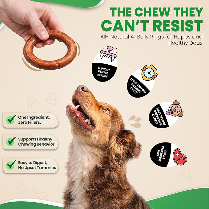 Odor Free 4” Bully Stick Rings for Dogs - 10 Count - 100% Natural Grass-Fed Beef Pizzle Rings, High Protein, Fully Digestible Rawhide-Free Thick Chews, Long Lasting Bully Rings
