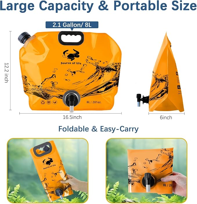 Water Jug Camping 2.1 Gallon Collapsible with Spigot, BPA Free Portable Water Pouch Foldable Water Bags for Outdoor Hiking, Travel and Emergency & Water Storage Containers (Orange-4Pcs)