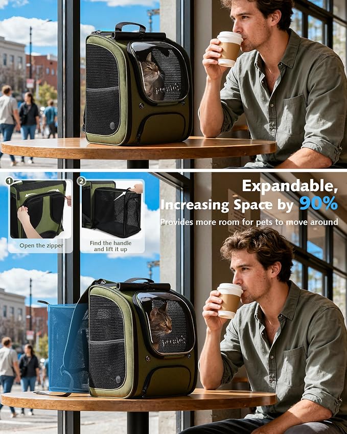 Pecute Expandable Cat Backpack Carrier, Large Space Cat Bubble Backpack, Breathable Cat Carrier, Shaded Dog Backpack Carrier for Travel, Hiking, Vet,12.6" L x 10.2" W x 16.5" H,Green
