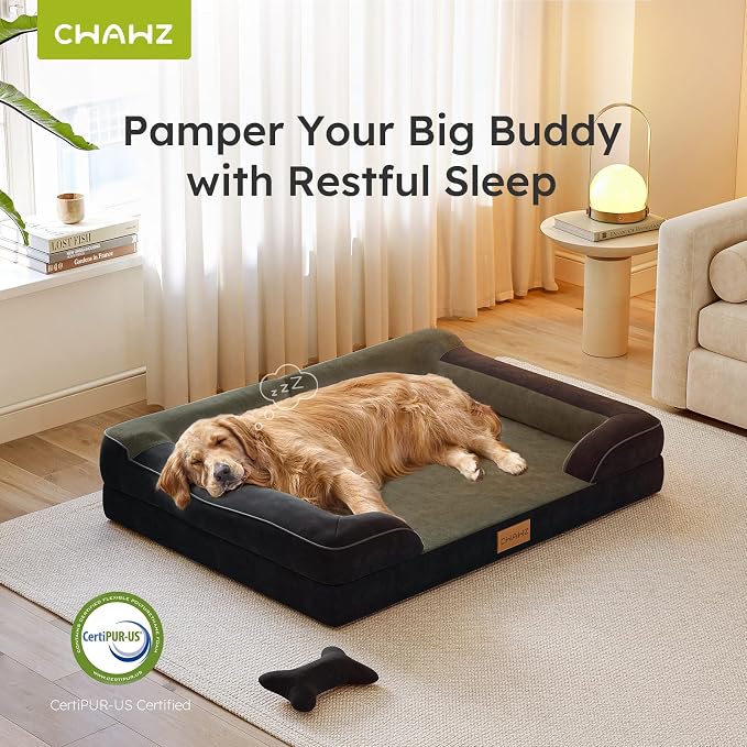 CWAWZ Dog Beds for Large Dogs, Orthopedic Dog Bed with Cooling Gel Memory Foam, Waterproof Large Pet Bed with Removable Washable Cover, 36" Pet Sofa Couch Dutch Velvet with Bone Toy, Black