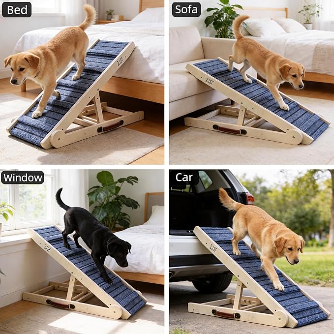 ZJSF Foldable Dog Ramp for High Bed, Wooden Dog Stairs to Bed for Small and Large Dogs, High Traction Platform with 4 Adjustable Heights (14.7"-20"), 32" L, Supports up to 200 lbs